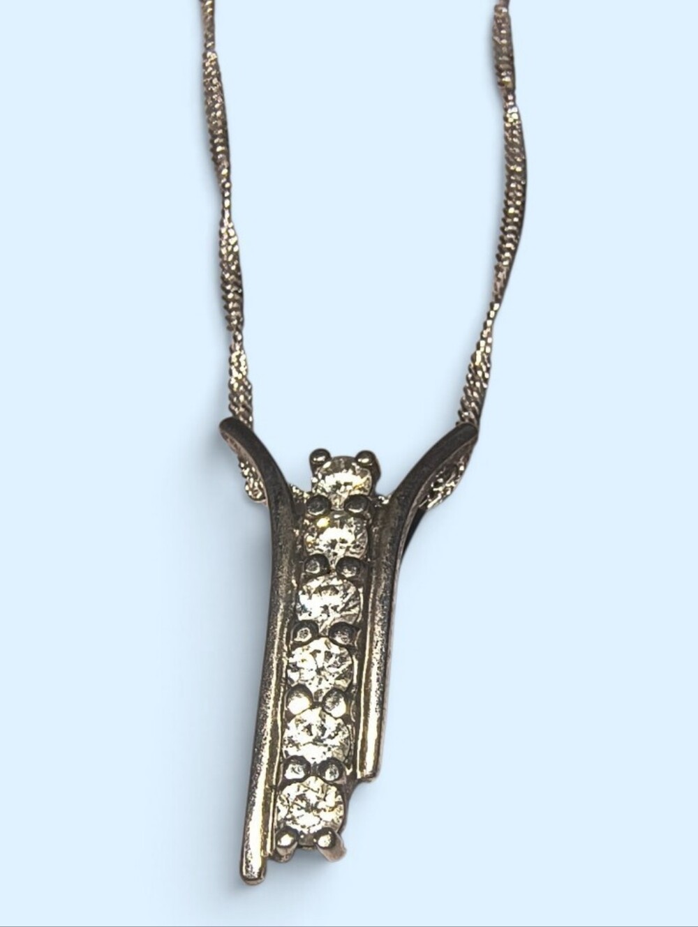 Sterling Silver And CZ Vertical Asymmetrical Sparkle Pendant Necklace